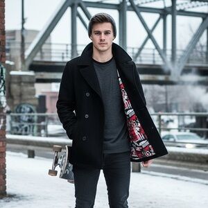 Volcom Men's  Rudder Wool Classic Black  Double Breasted Pea Coat Medium